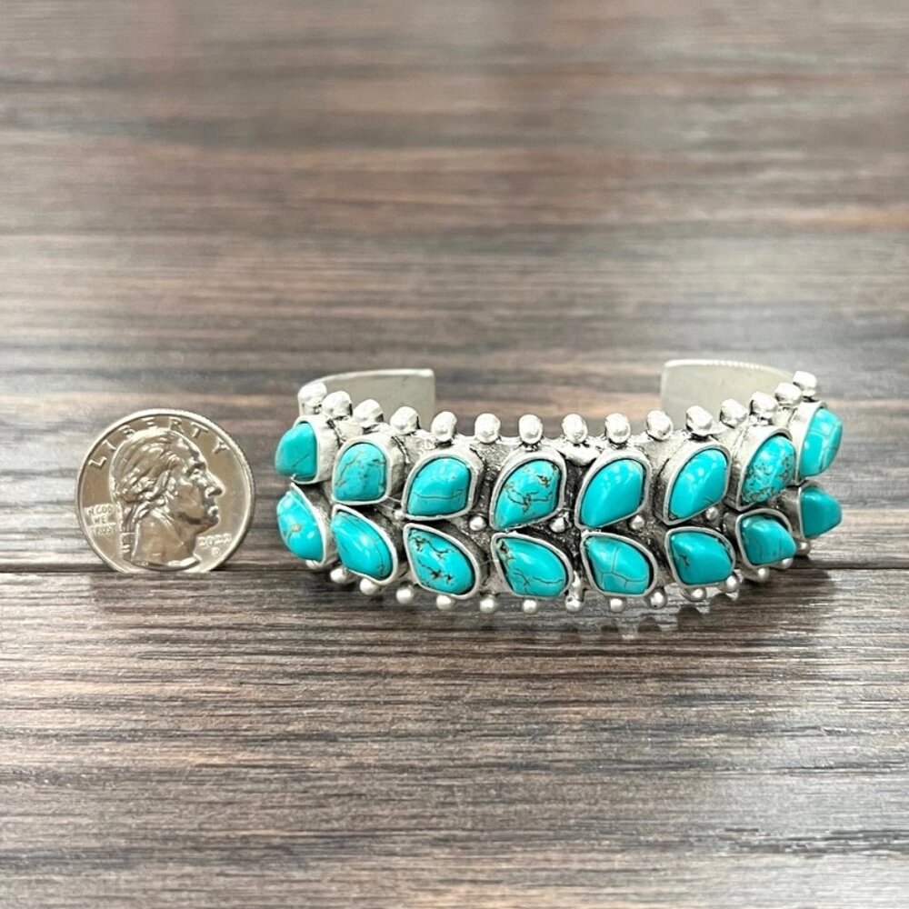 Turquoise Cuff Bracelet Western Boho Statement Silver Tone Multi Stone - Picture 3 of 3